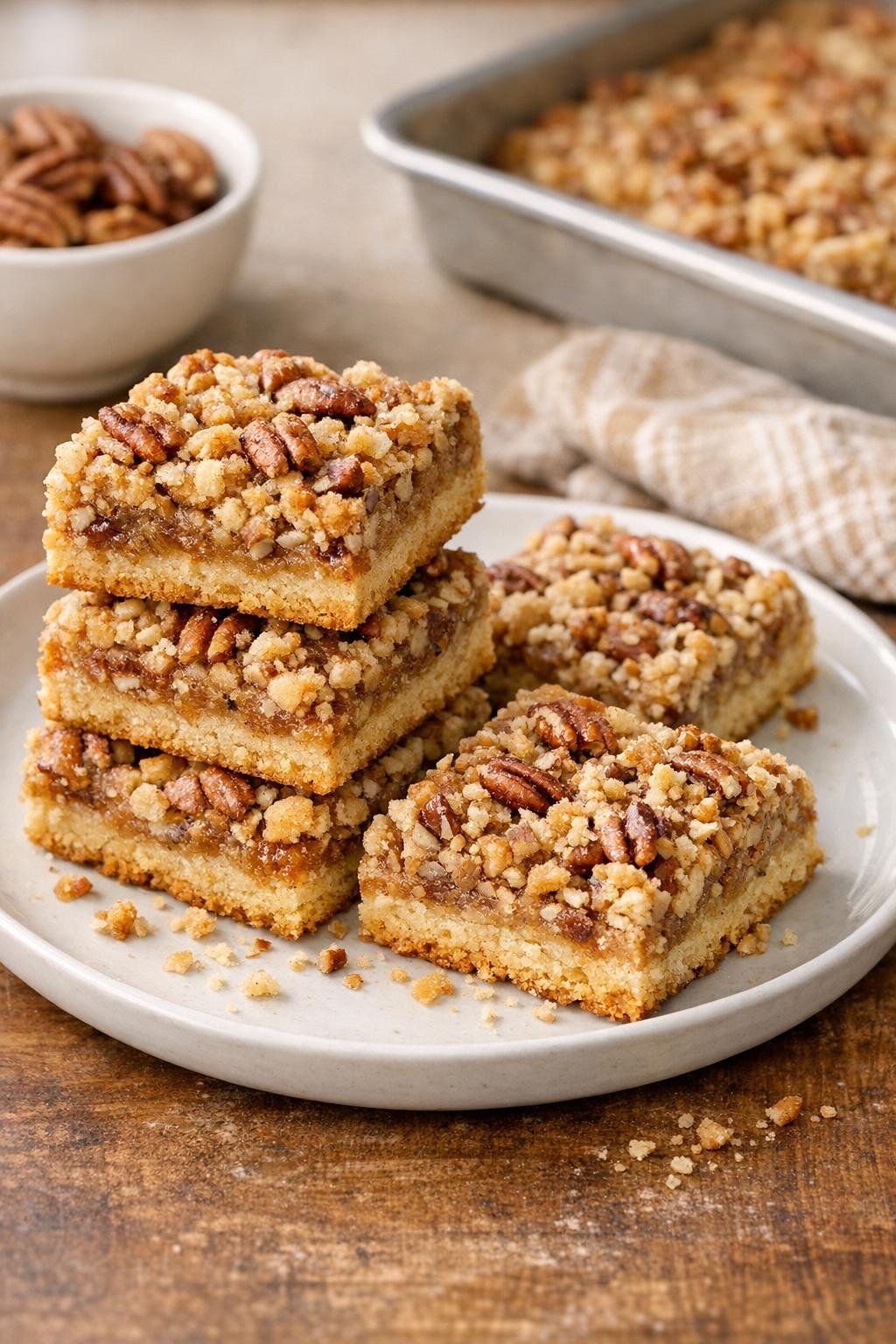 Finished pecan sandy crumble bars on a serving plate