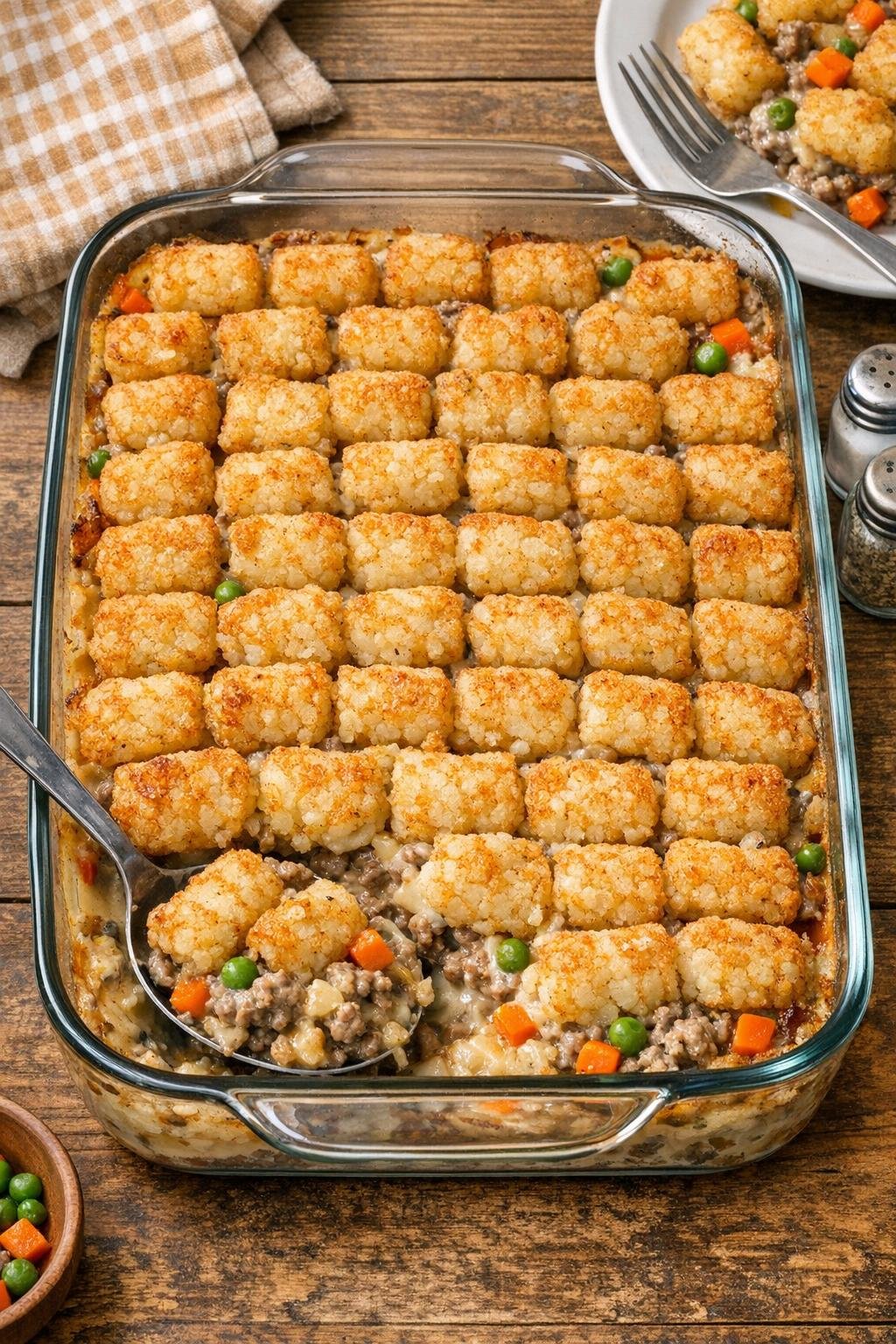 Finished tater beef hotdish in a glass casserole dish