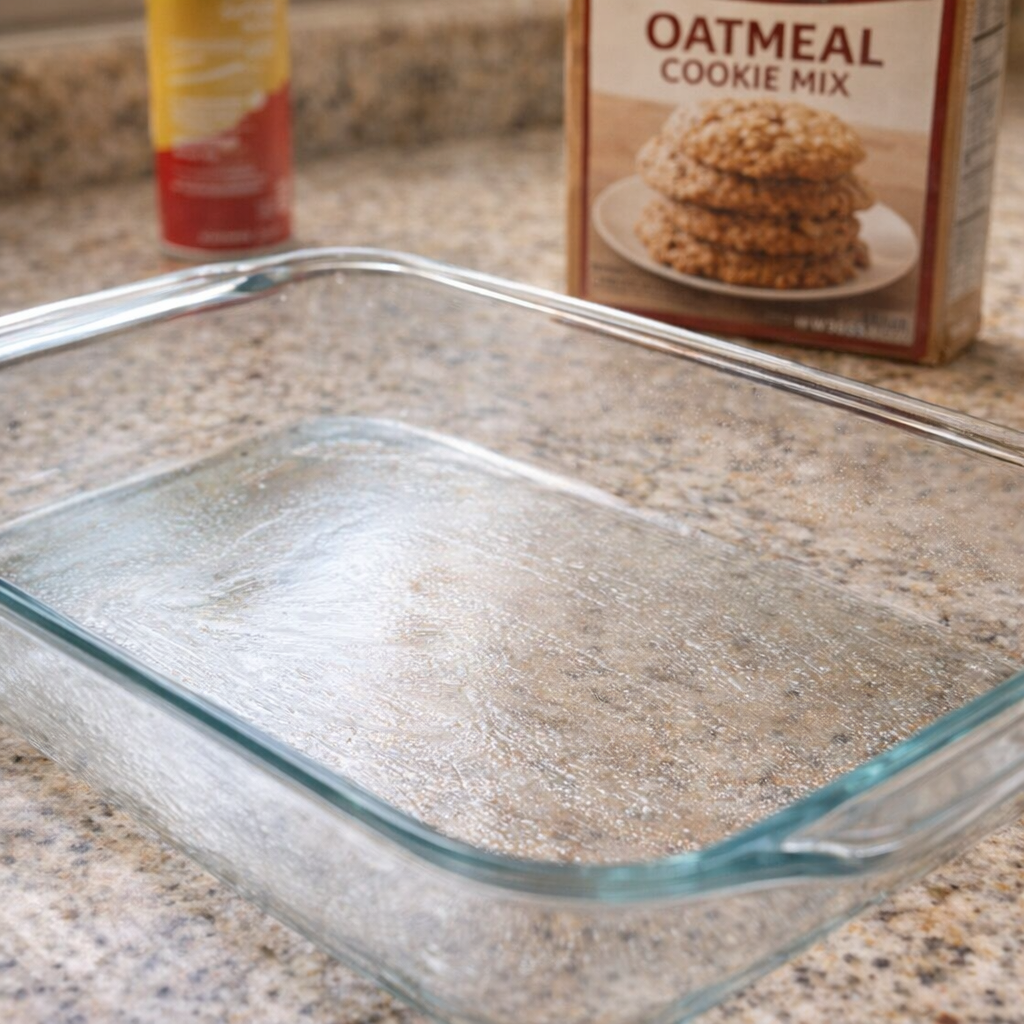 Glass baking dish being greased on a countertop