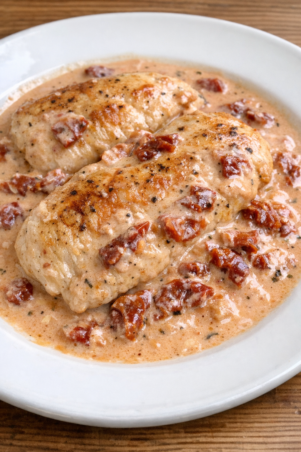Creamy sun dried tomato chicken on a white plate