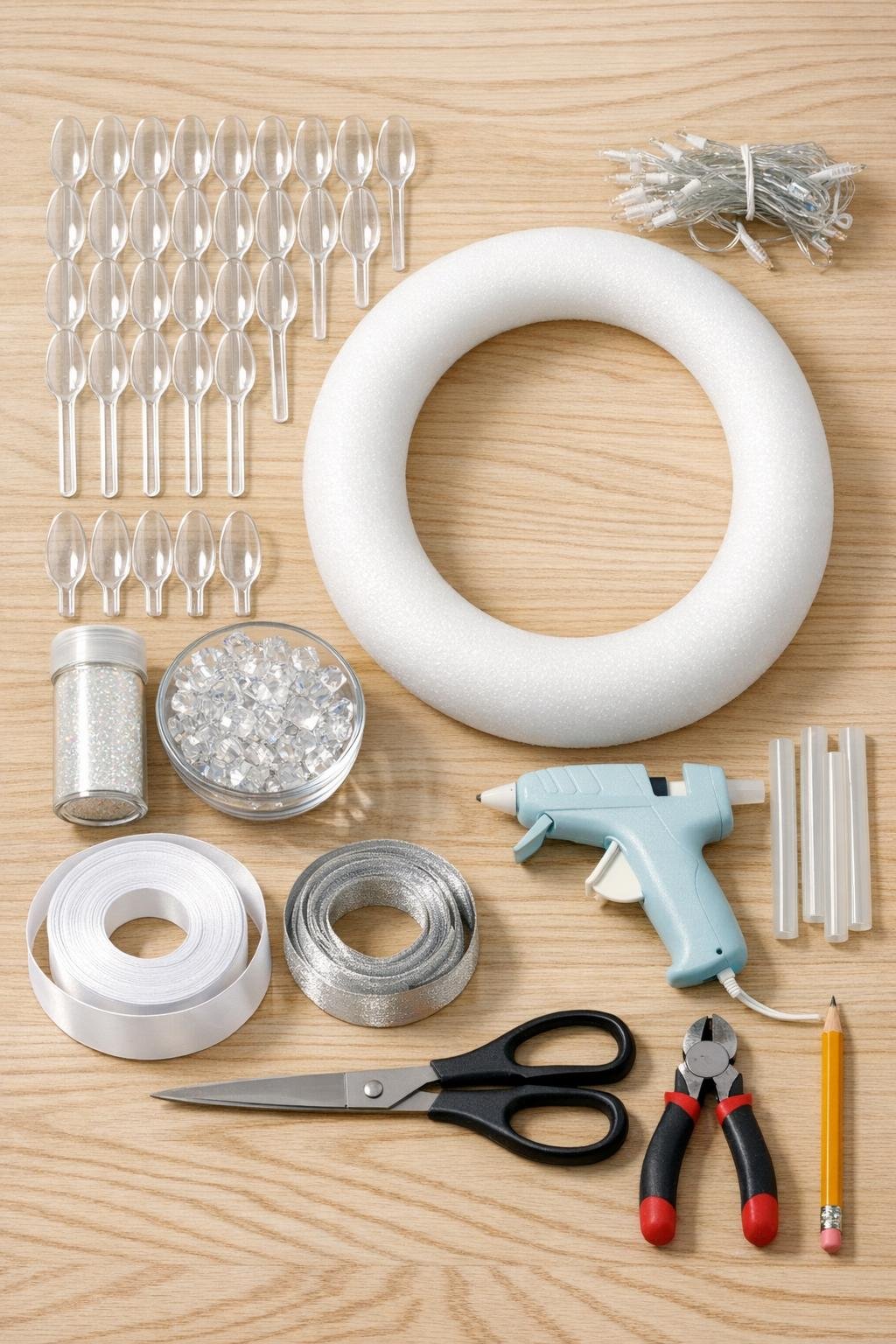 Materials for making a crystal spoon ice wreath laid out on a table