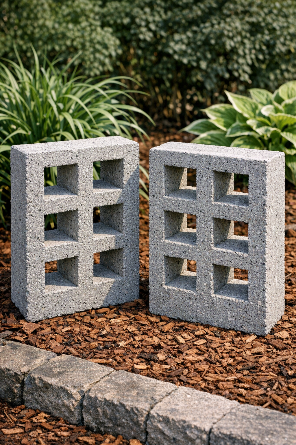 Finished concrete lattice landscape blocks made from milk crates