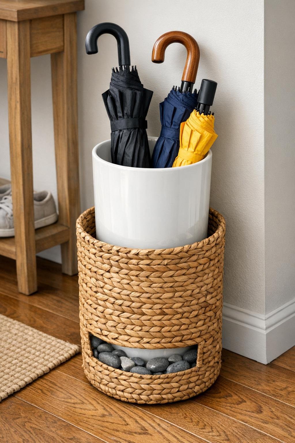 Finished umbrella holder in an entryway
