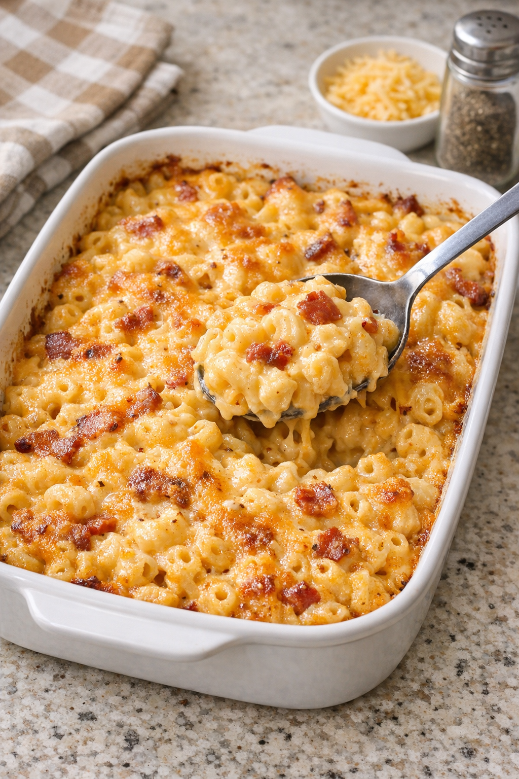Finished baked creamy bacon cheddar macaroni in a casserole dish