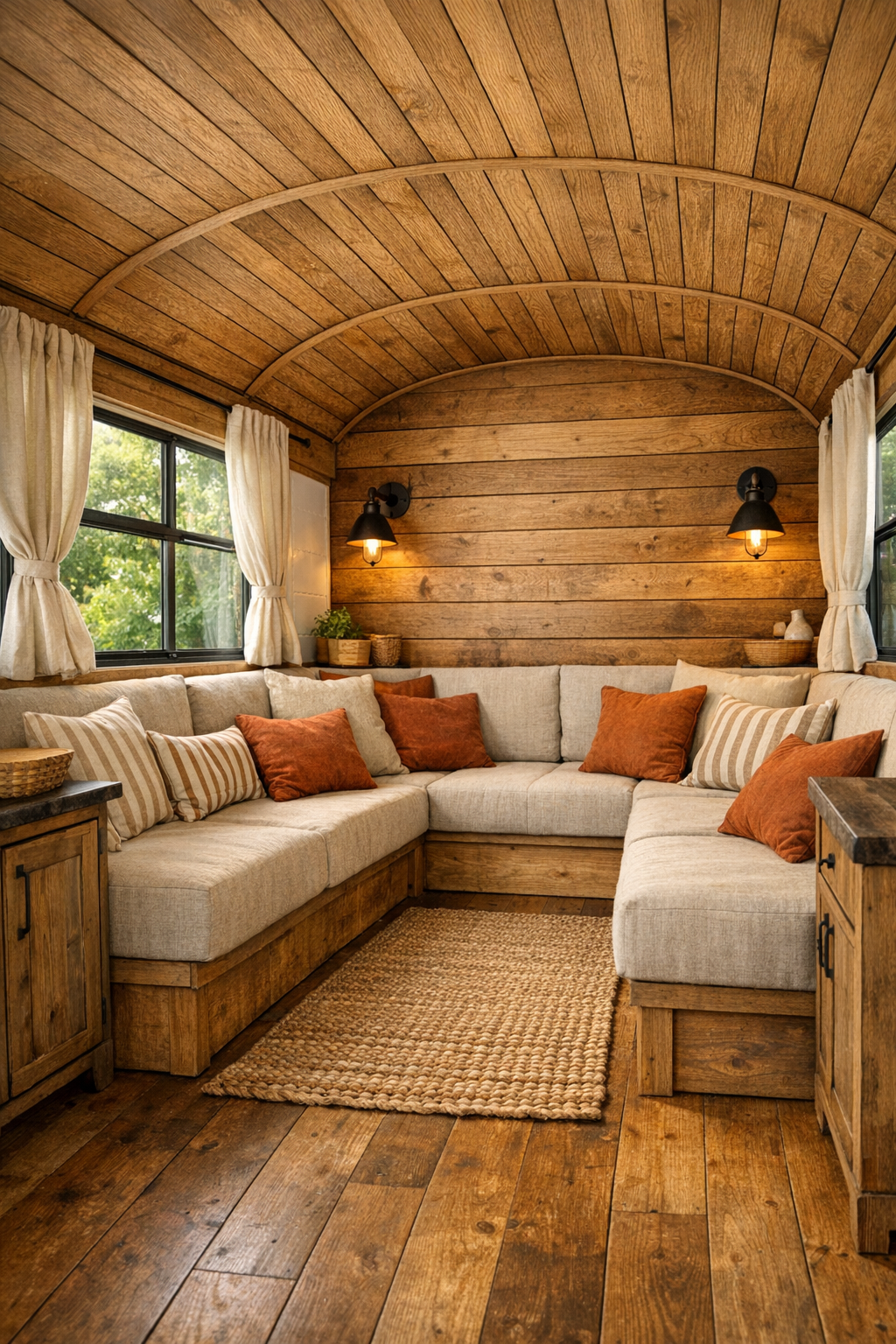 Rustic living room inside the converted bus with linen bench seating and warm wood finishes
