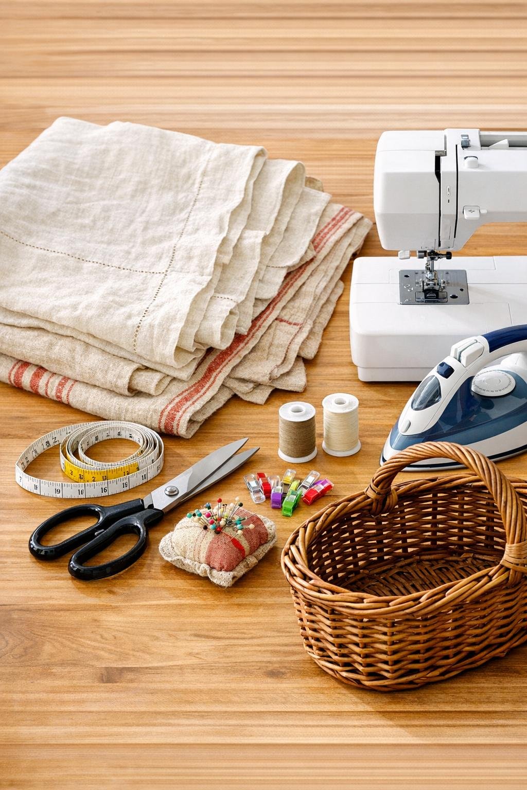 Old linen tablecloths and sewing materials laid out for making a harvest basket liner