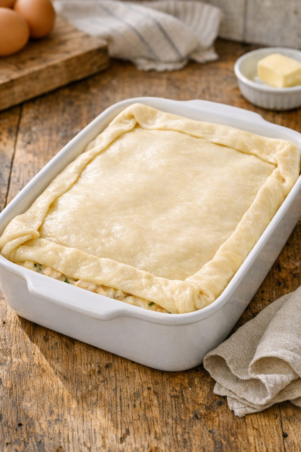 Puff pastry placed over casserole before baking