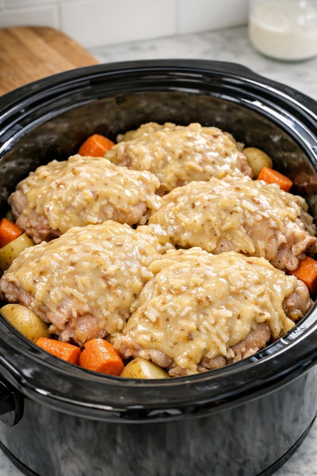 Het soepmengsel over de kip in de slowcooker verdelen.
