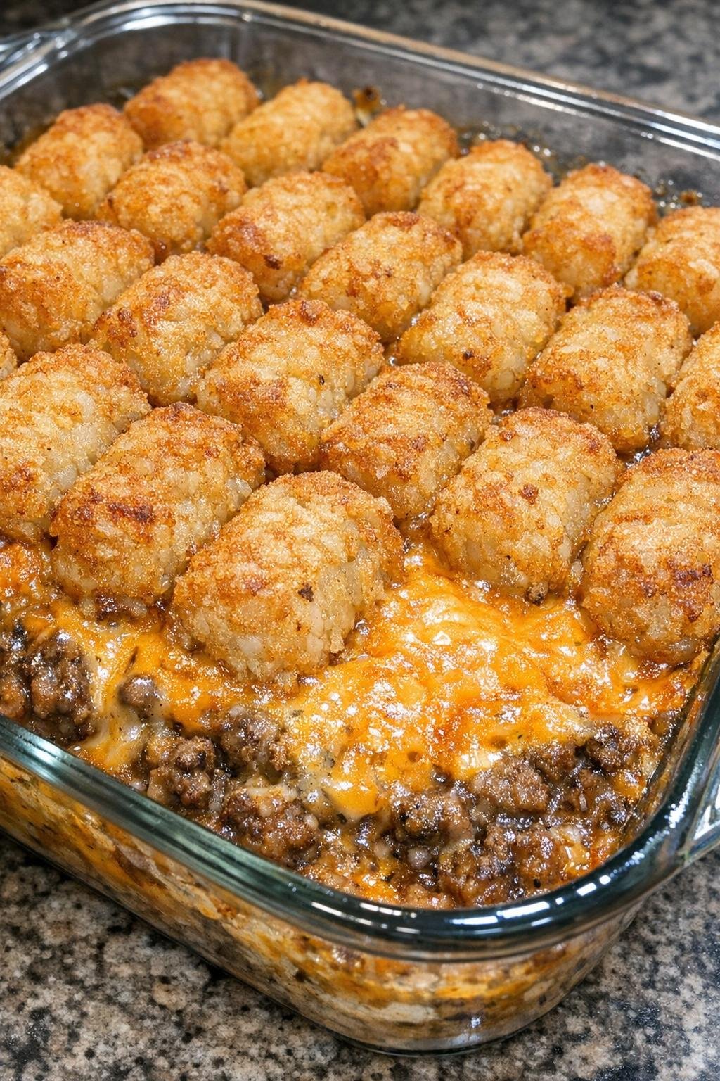 4-ingredient tater tot casserole in a glass baking dish