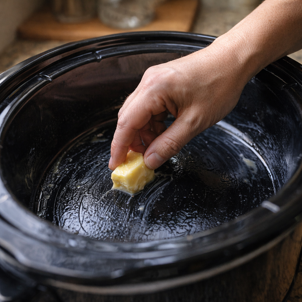 Butter greasing the inside of a slow cooker