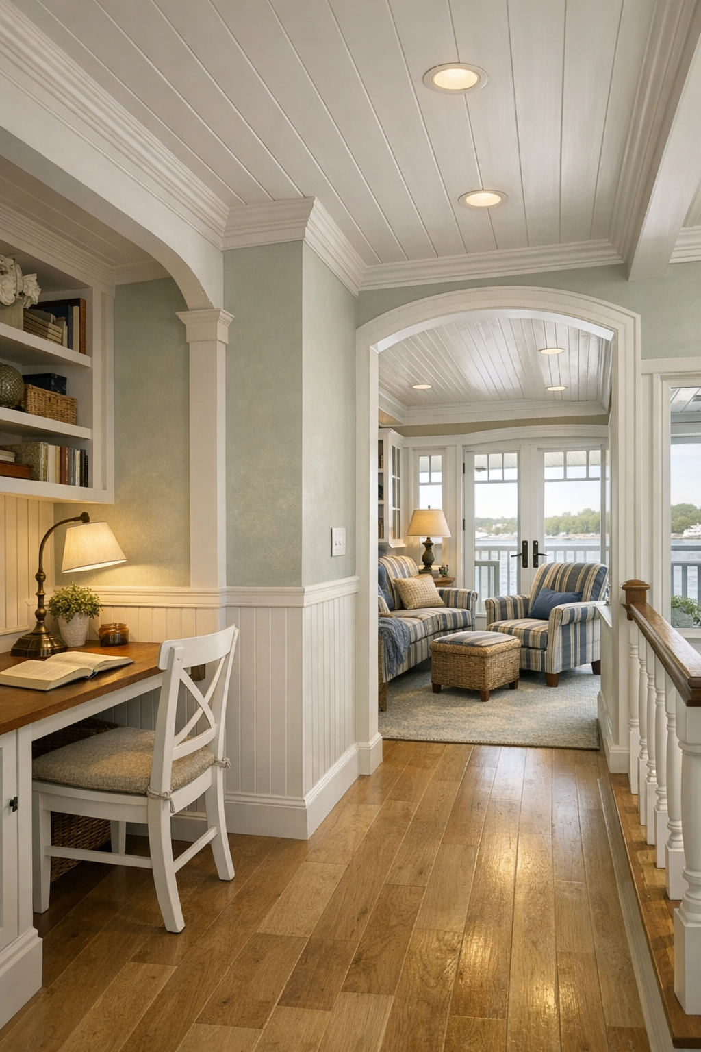Wide daylit hallway and upper lounge on an accessible Victorian houseboat with built-ins and porch seating