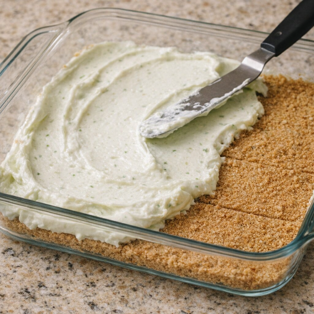 Icebox cake layers being assembled in a glass baking dish