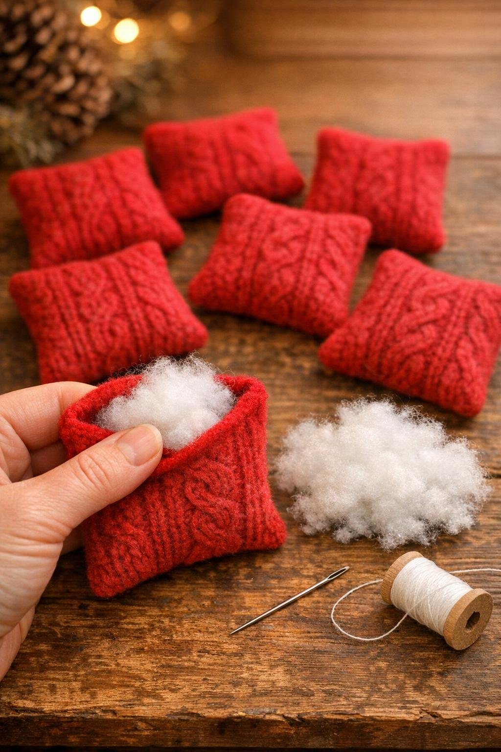 Small sweater ornament pillows turned right side out