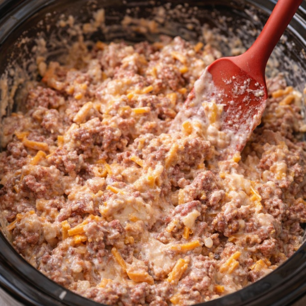Cheesy beef mixture loosely combined in slow cooker