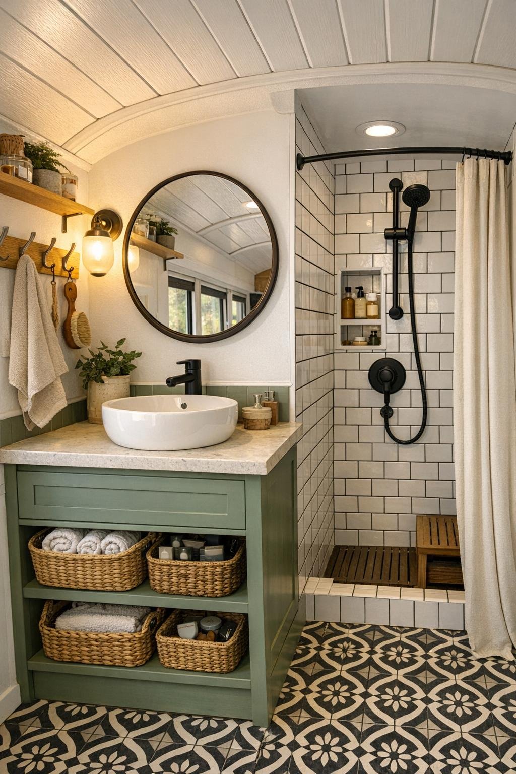 Compact bus bathroom with white tile shower, wood vanity, and round mirror