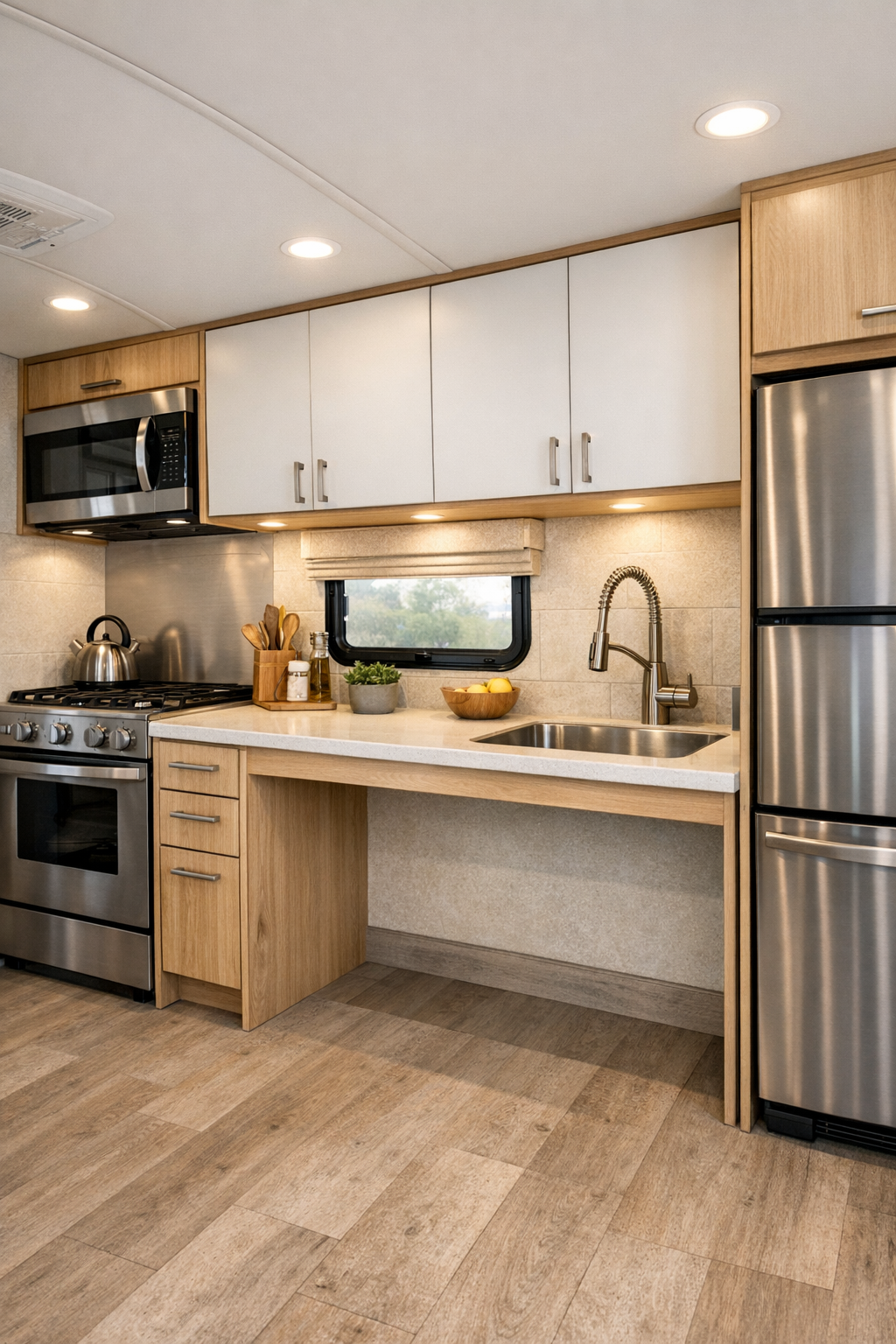 Compact accessible RV kitchen with light countertops, warm wood cabinetry, matte white fronts, and brushed aluminum appliances