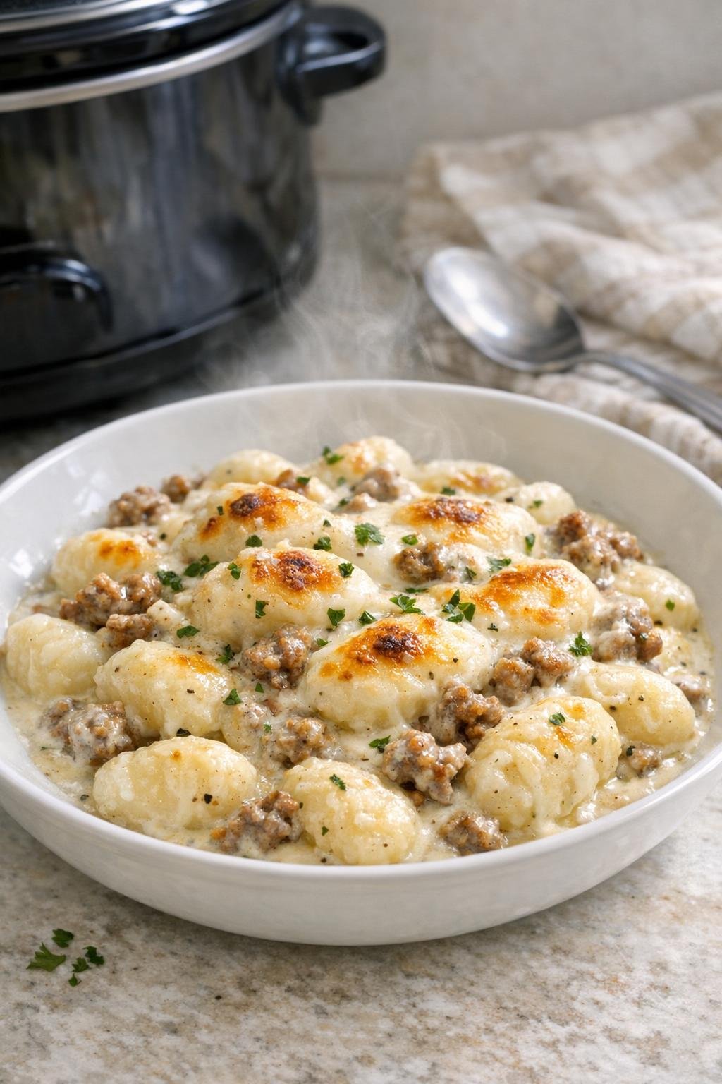 Creamy sausage gnocchi bake plated and ready to serve