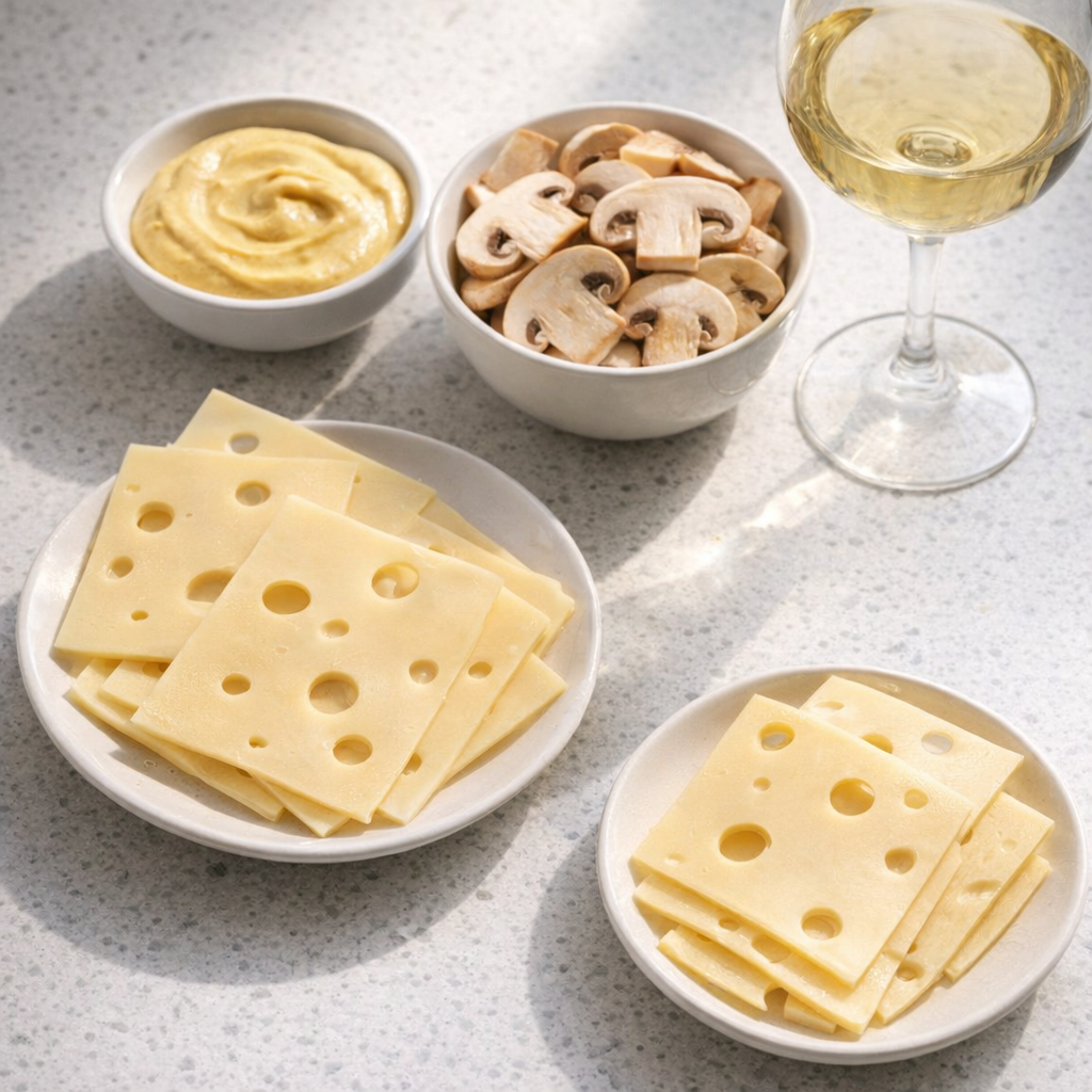 Small bowls of variation ingredients like Dijon and mushrooms on the counter