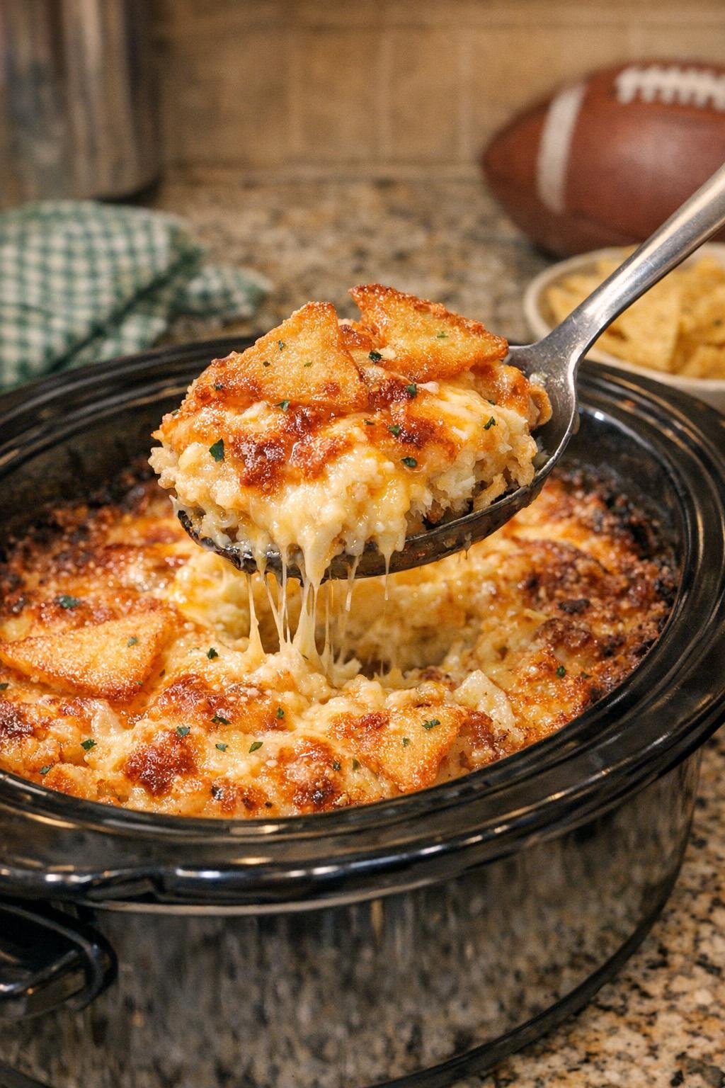 Finished cheesy hash brown casserole in slow cooker