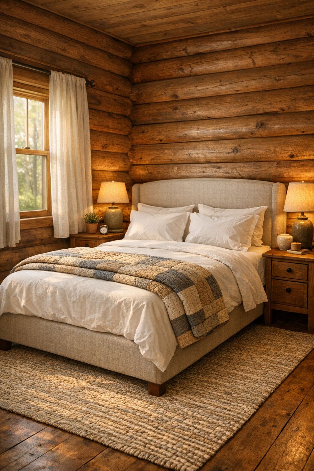 Peaceful rustic bedroom with upholstered bed and log walls