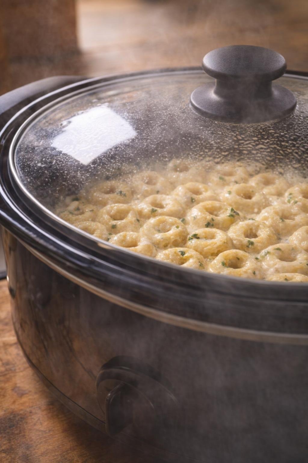 Tortellini cooking in creamy sauce under a slow cooker lid