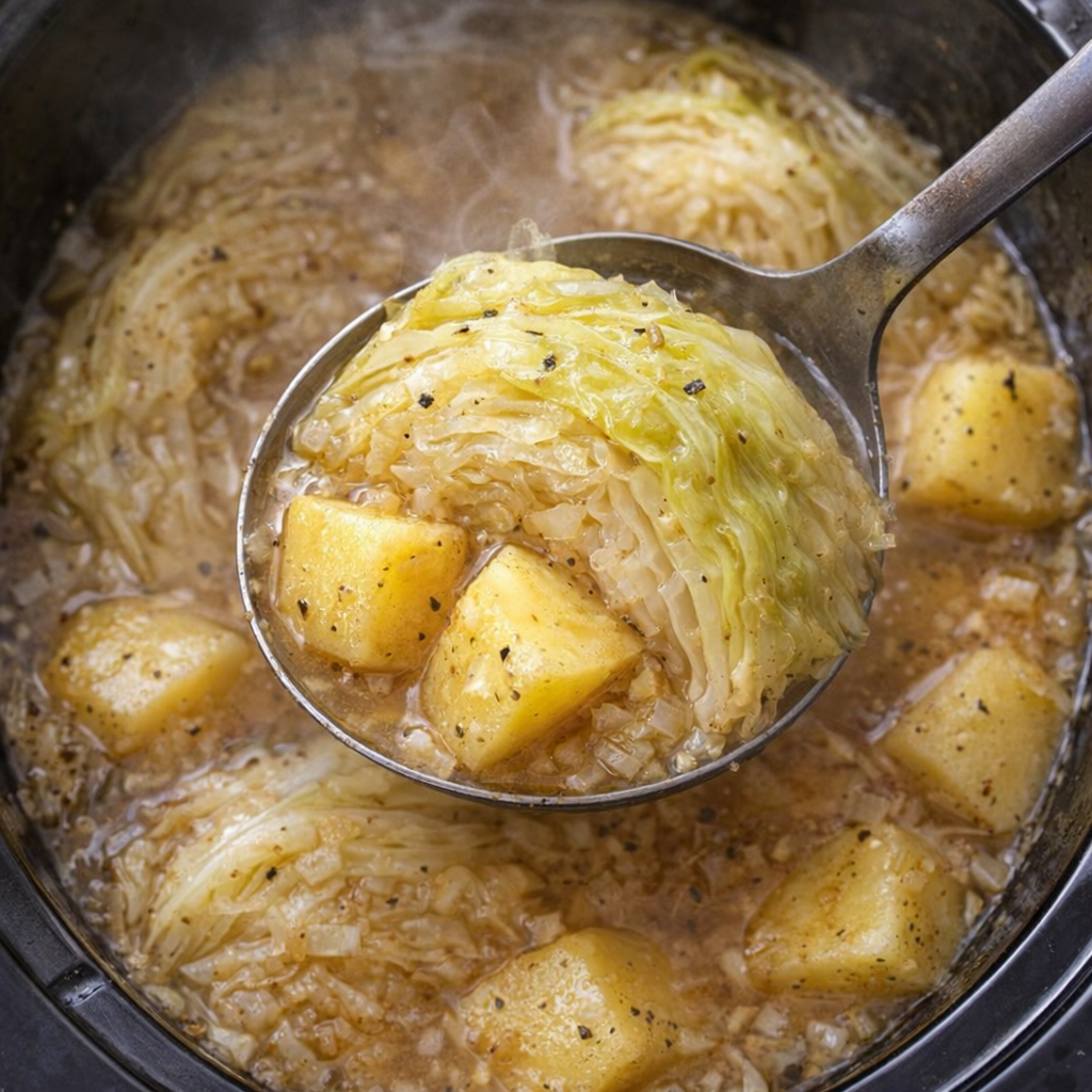 Ladle lifting cabbage and potatoes from the slow cooker