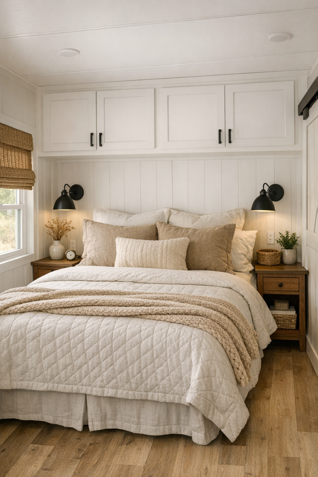 Soft neutral farmhouse bedroom with layered linens and wood accents