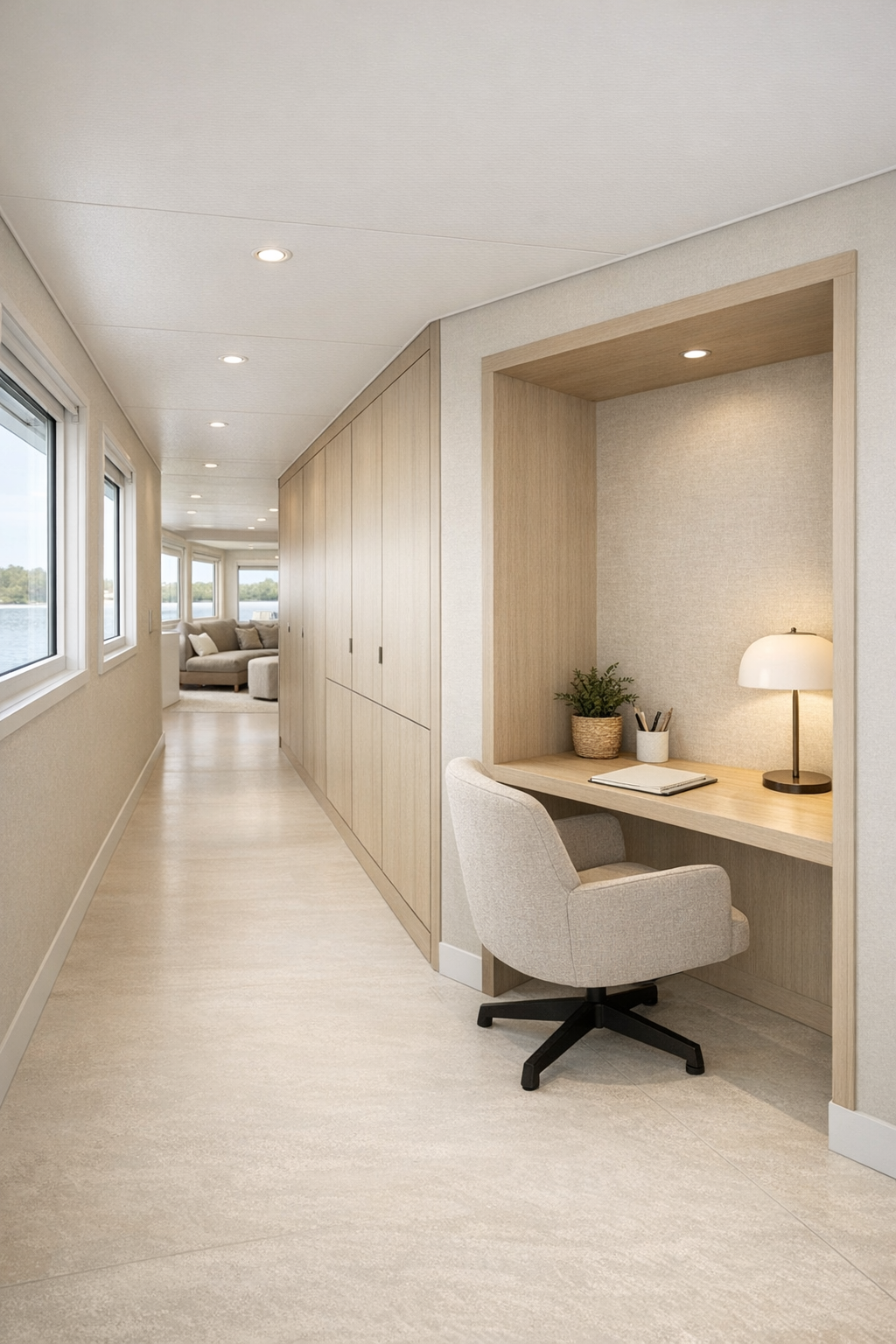 Wide houseboat hallway and flexible nook with built-in storage and desk