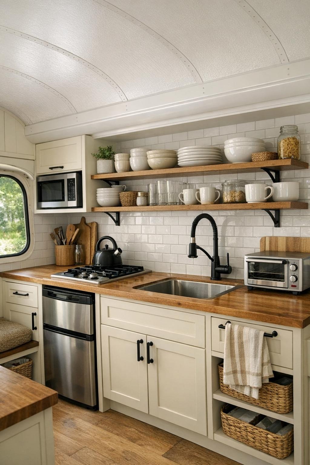 Galley kitchen in a converted bus with cream cabinets and warm wood counters