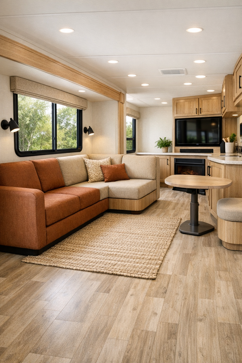 Bright accessible RV living room with warm wood cabinetry and rust-toned seating
