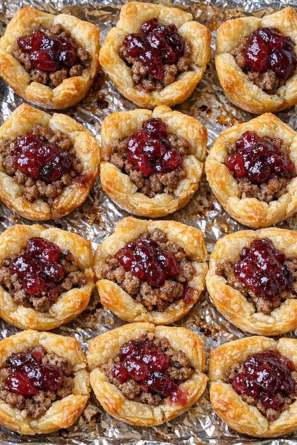 Oven baked beef and cranberry bites on a foil-lined baking sheet