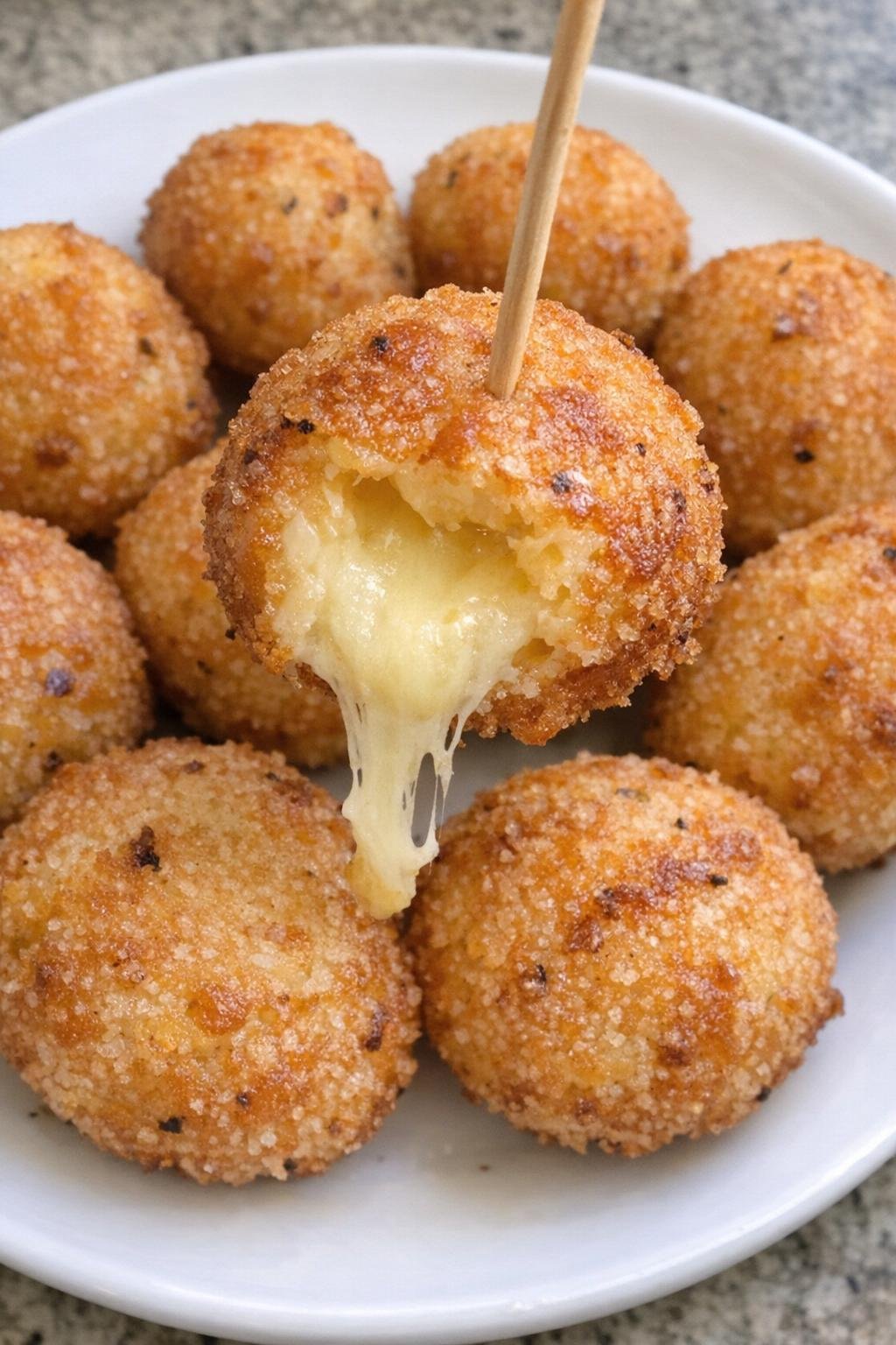 Cheese garrison balls on a white serving plate