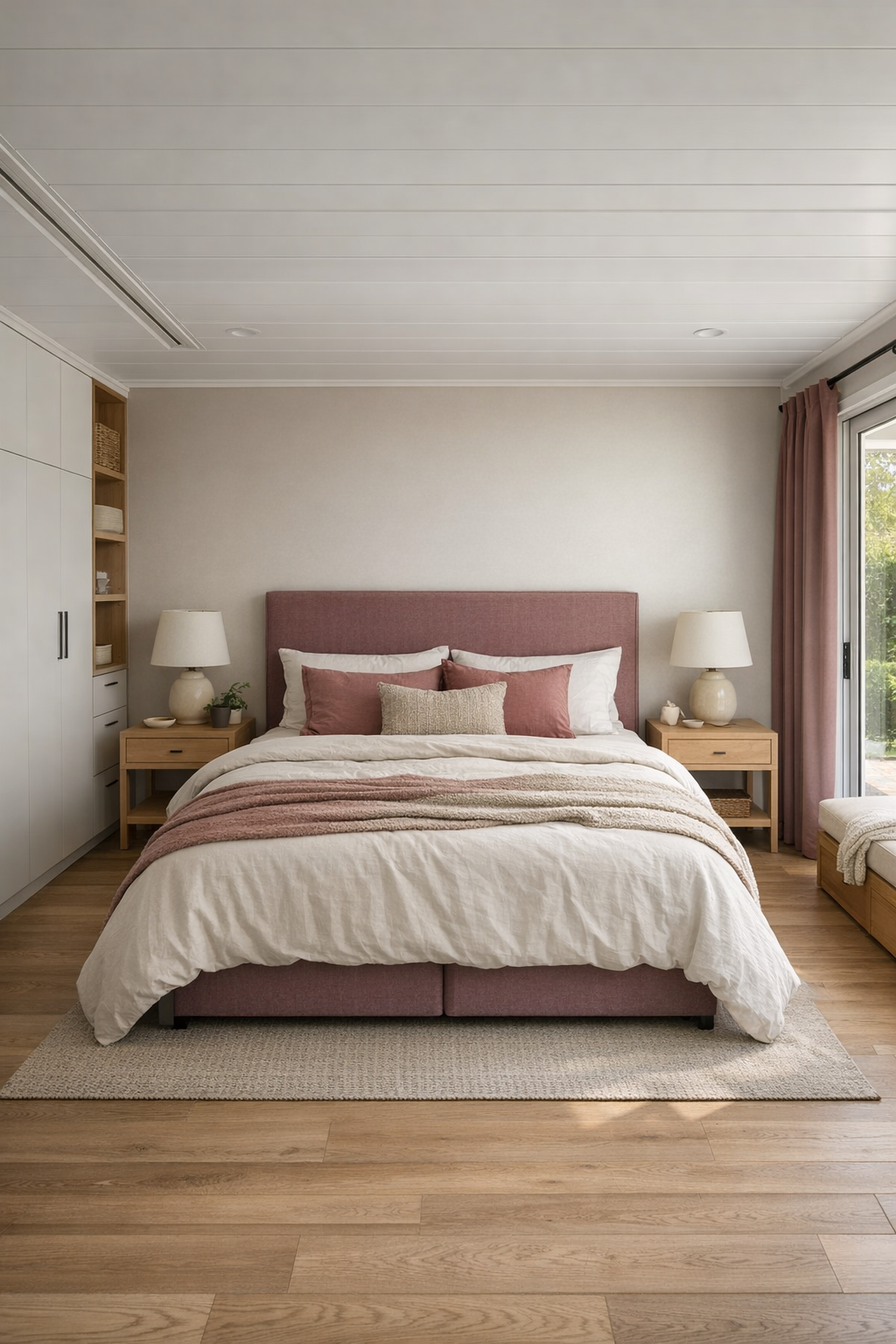 Calm bedroom with soft neutral bedding and dusty burgundy accents