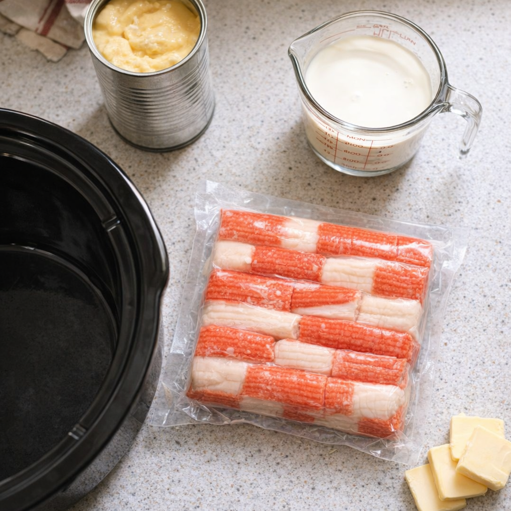 Slow cooker imitation crab ingredients arranged on a kitchen counter