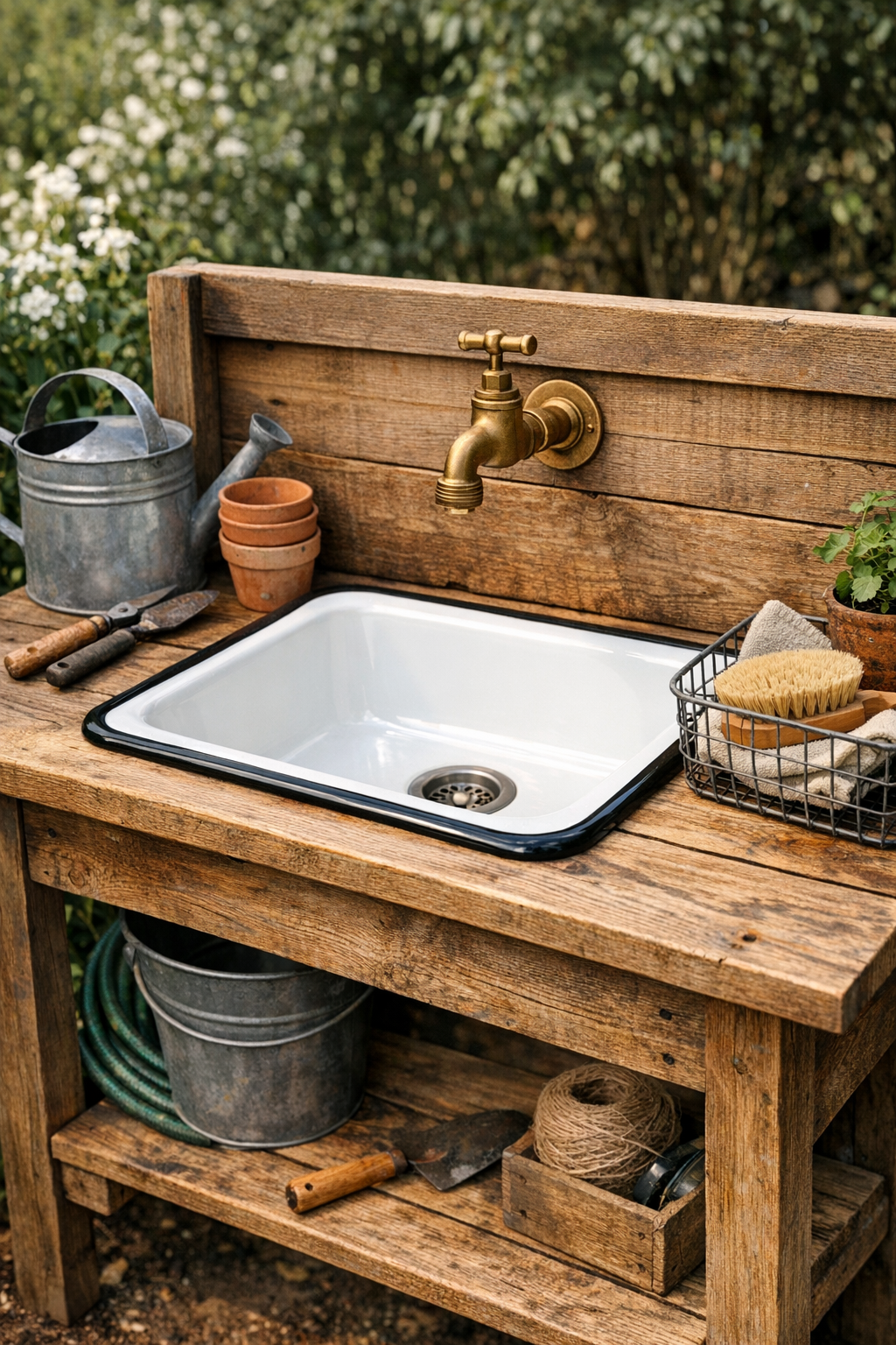 Finished outdoor sink built into a wooden potting bench with enamel basin and hose spigot