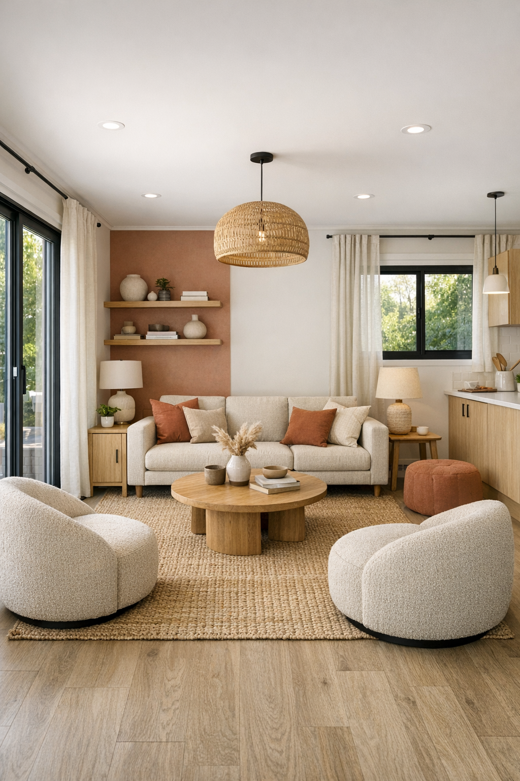 Warm accessible living room with soft terracotta accents and pale oak finishes