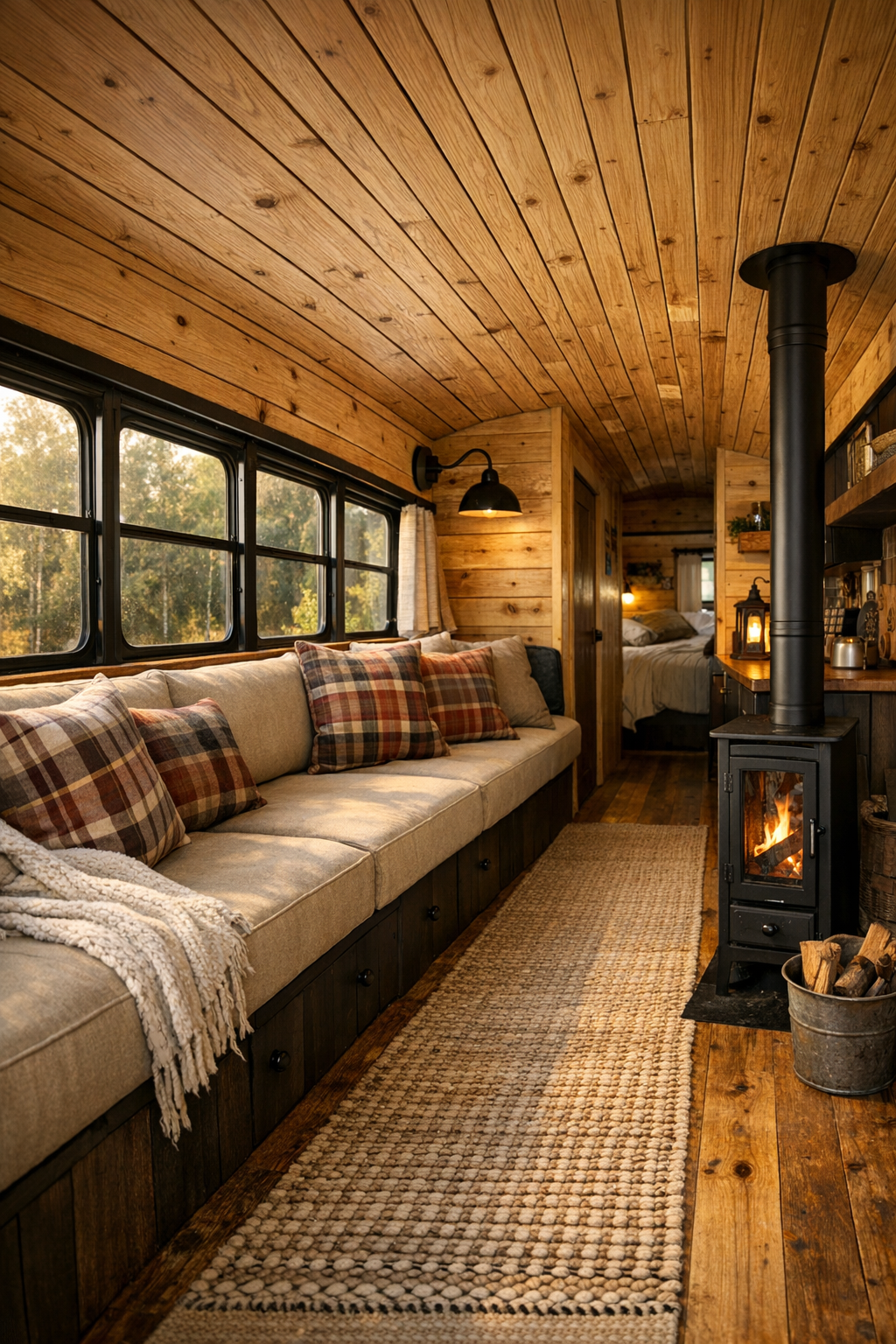 Rustic bus living room with built-in bench seating, wood stove, and pine finishes