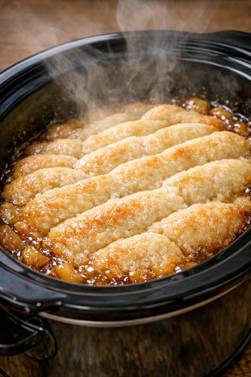 Een dessert uit de slowcooker met een stevige bovenkant en borrelende randen.