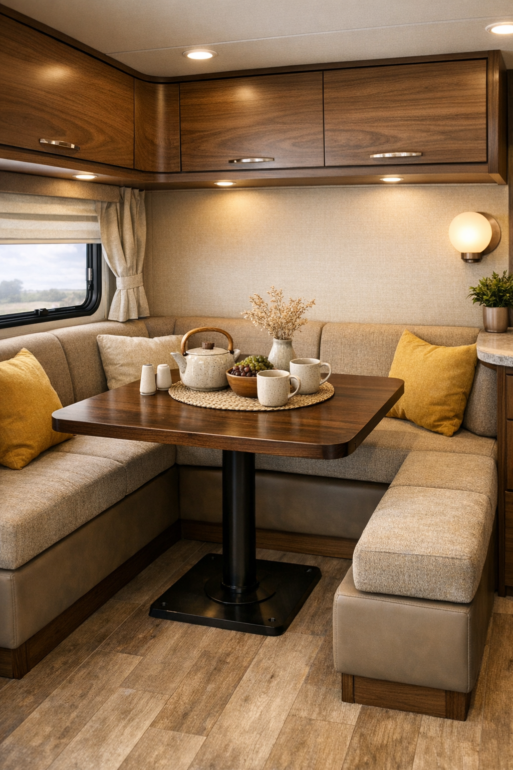 RV dining nook with walnut table, upholstered banquette, and warm modern lighting