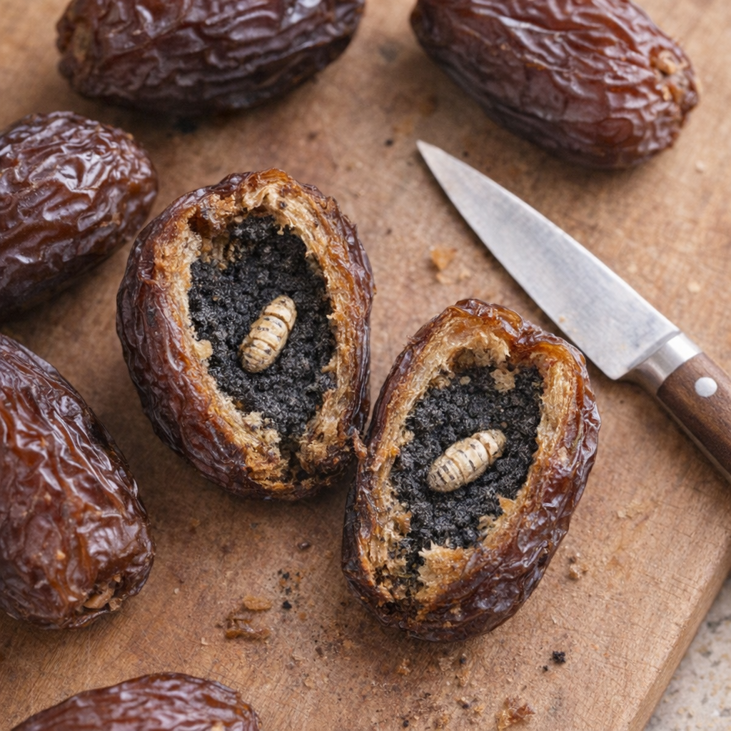 Open dried dates on a kitchen board