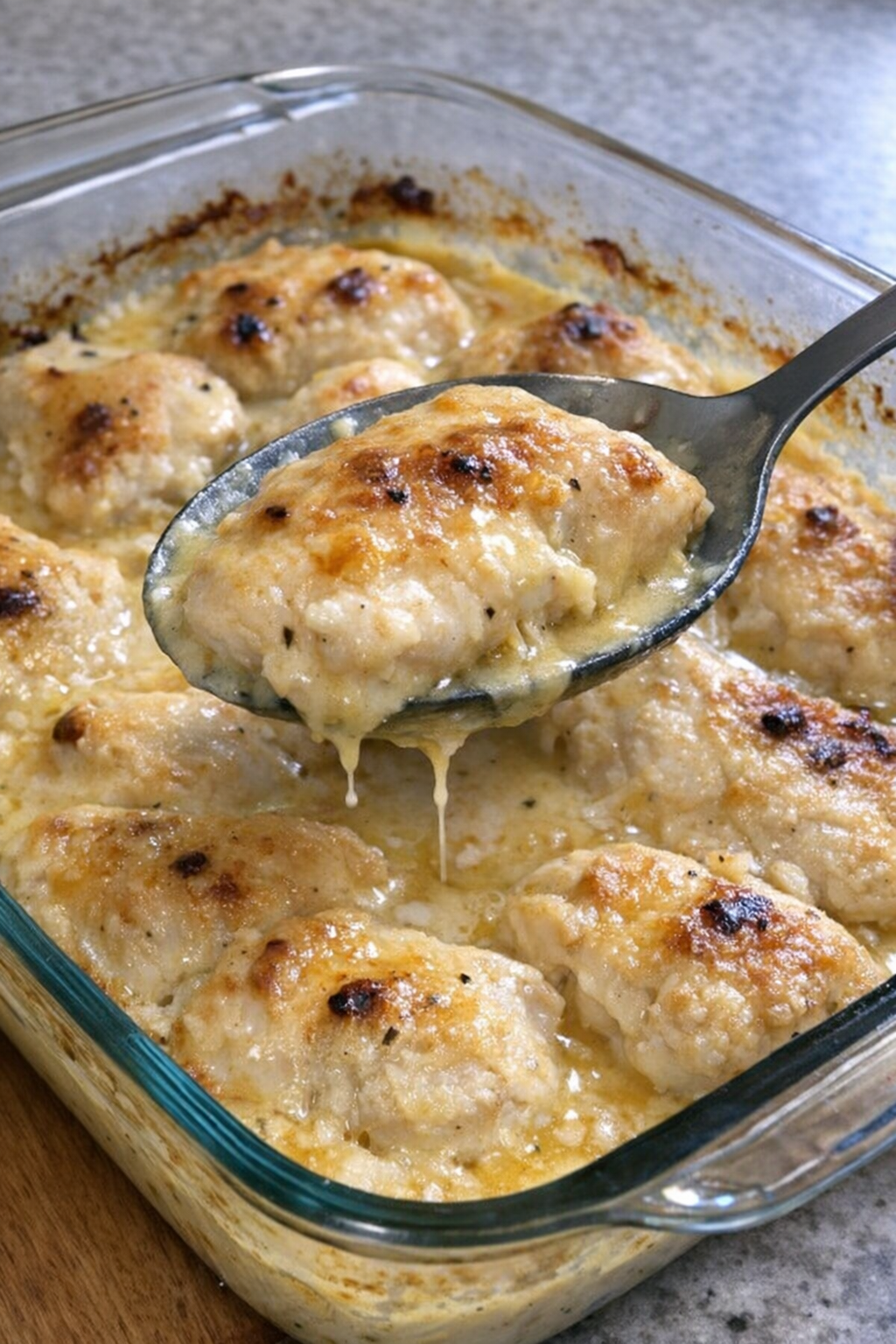 Chicken pieces in creamy golden sauce in a rectangular baking dish