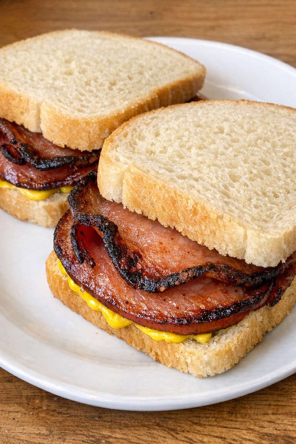 3-ingredient fried bologna sandwiches on a white plate