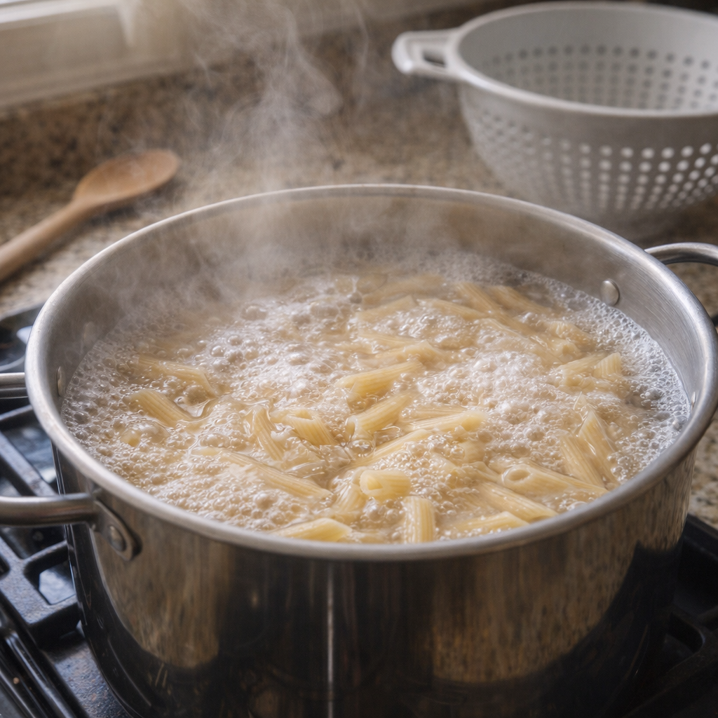 Short pasta boiling in a large pot of salted water