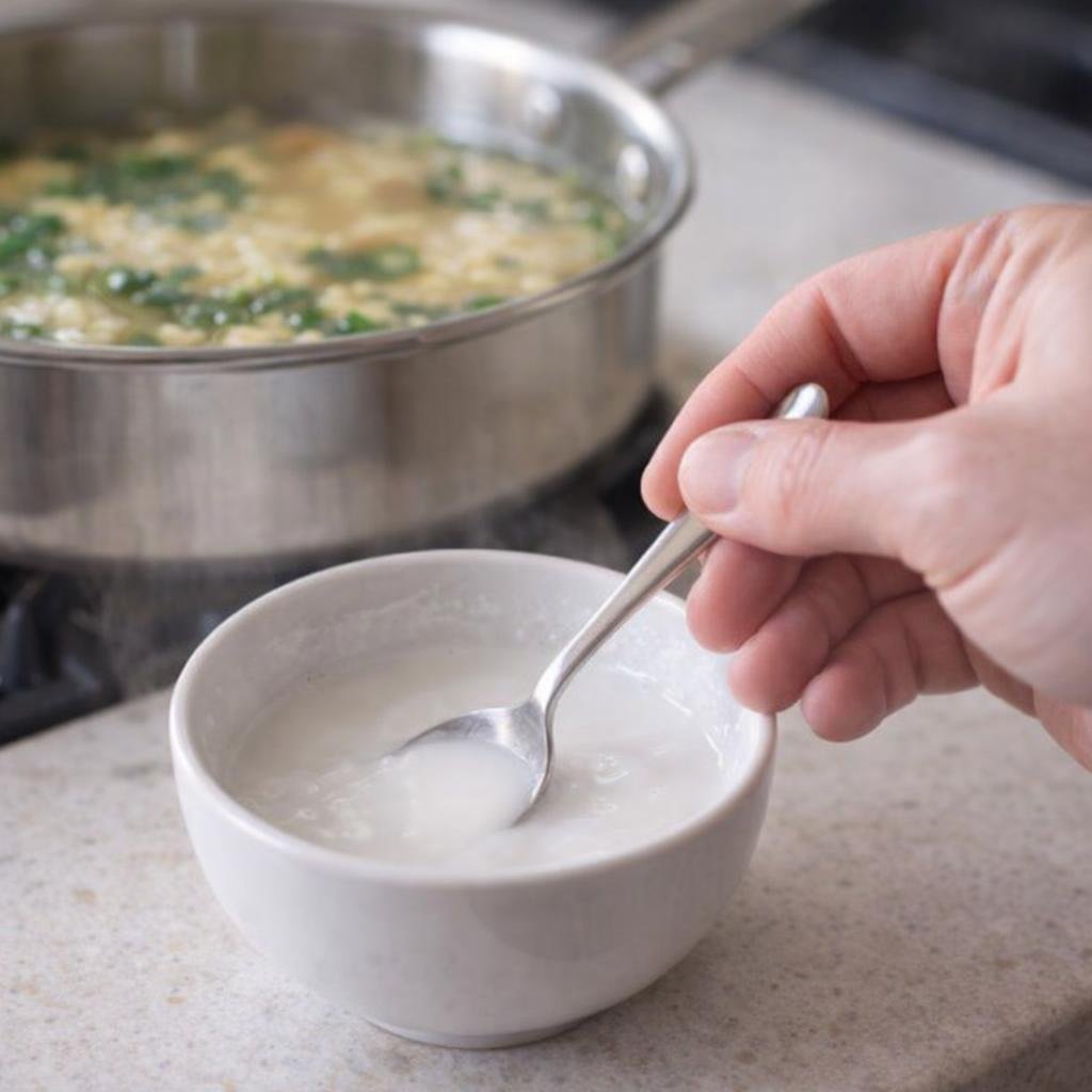 Cornstarch slurry being mixed in a small bowl