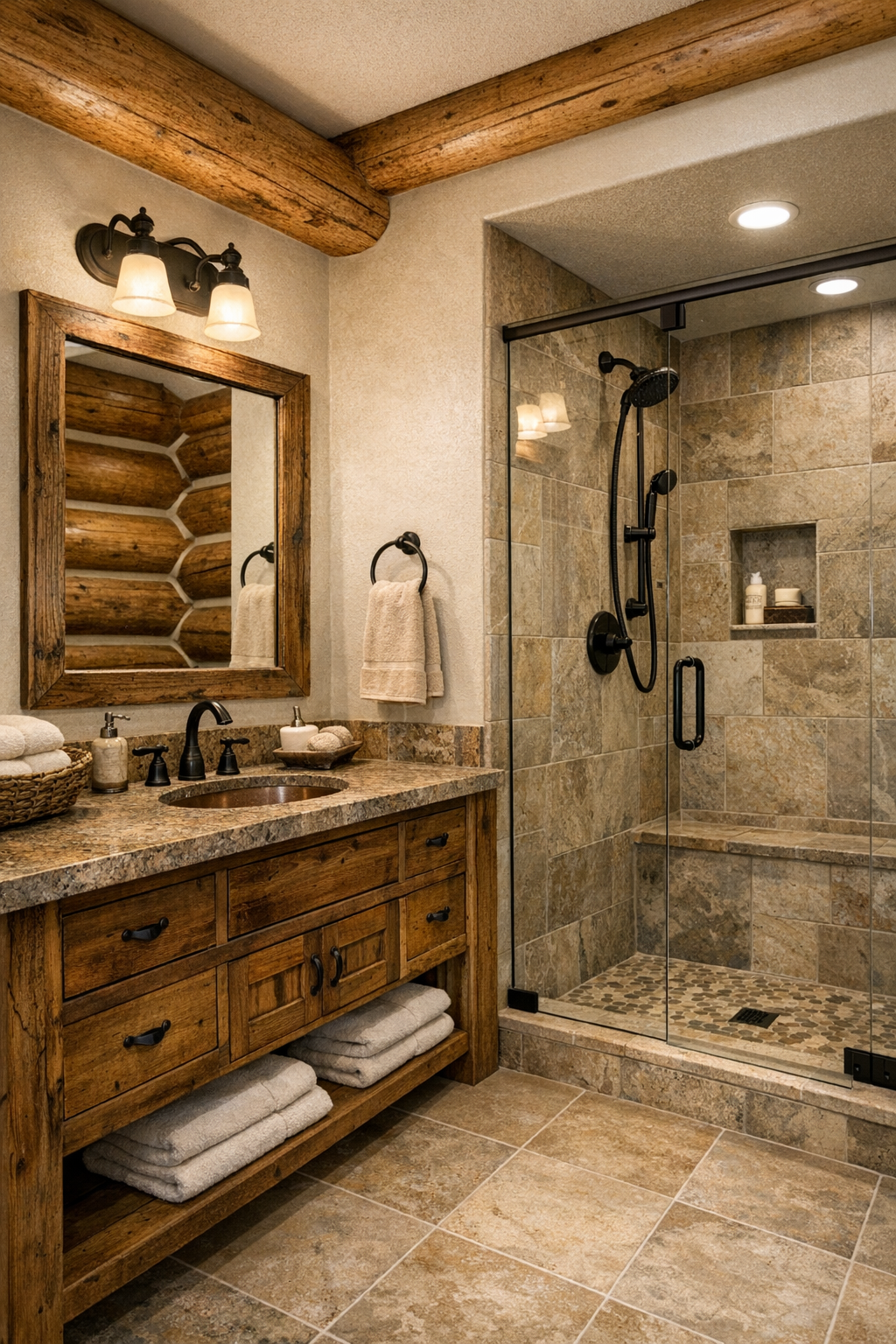 Bathroom with wood vanity, stone countertop, tiled shower, and warm natural finishes