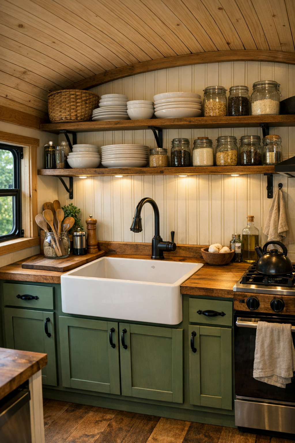 Compact rustic bus kitchen with green cabinets and butcher-block counters
