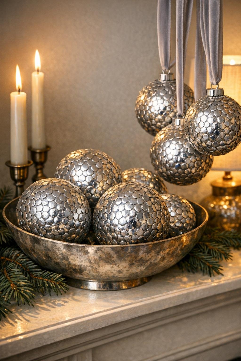 Finished silver studded ornaments displayed in a bowl with velvet ribbon