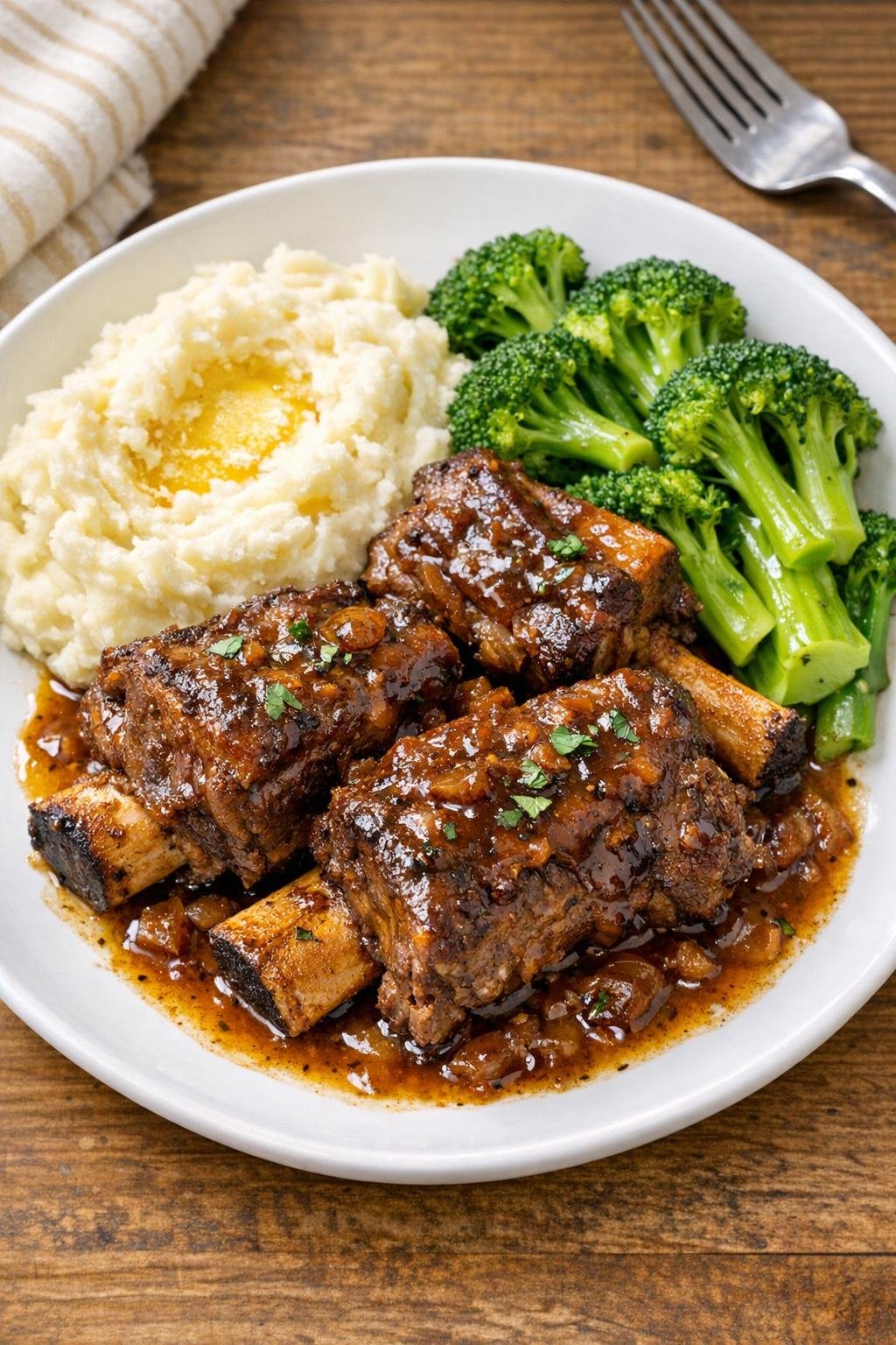Finished slow cooker beef short ribs plated with sauce