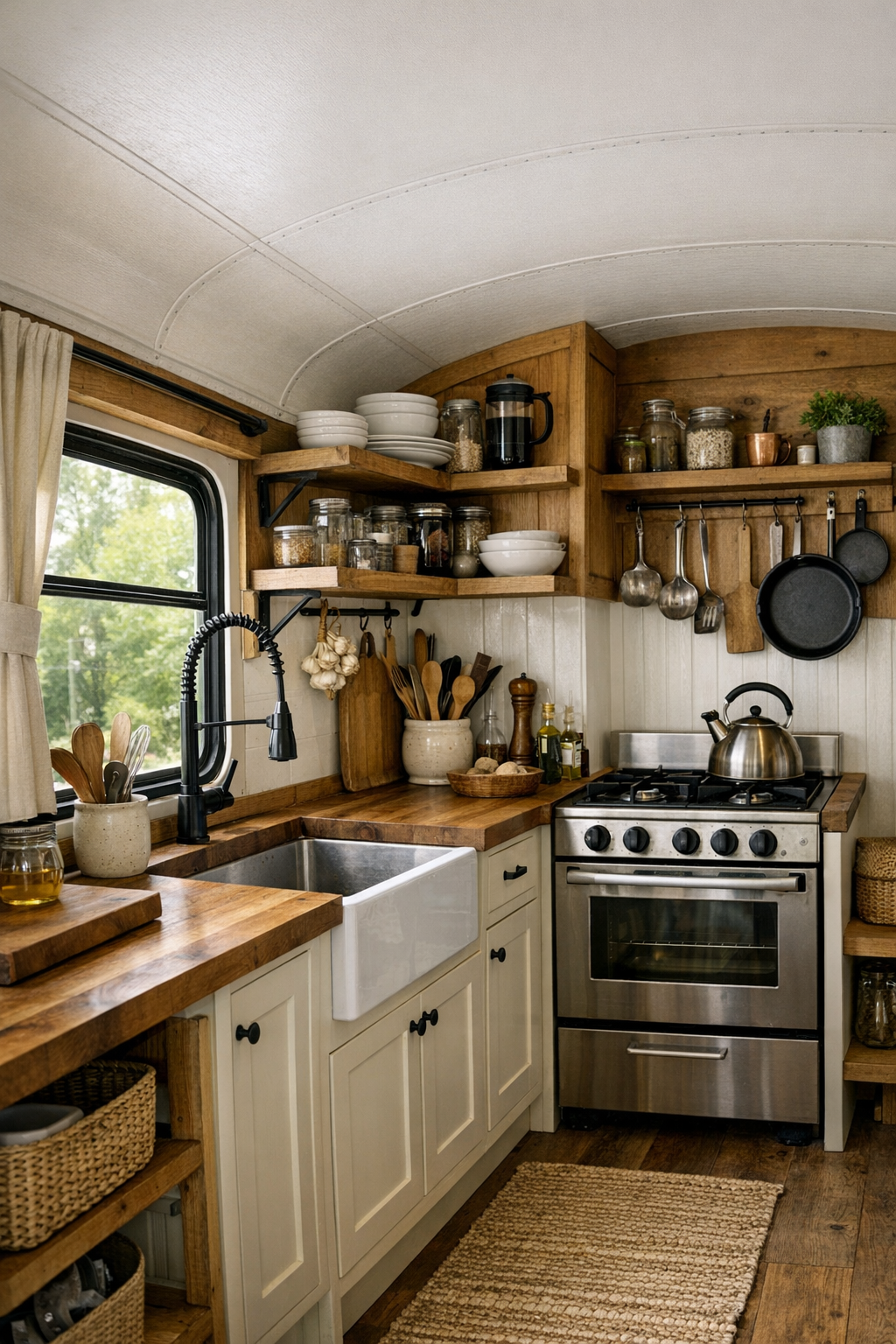 Functional converted bus kitchen with butcher-block counters and compact cabinetry