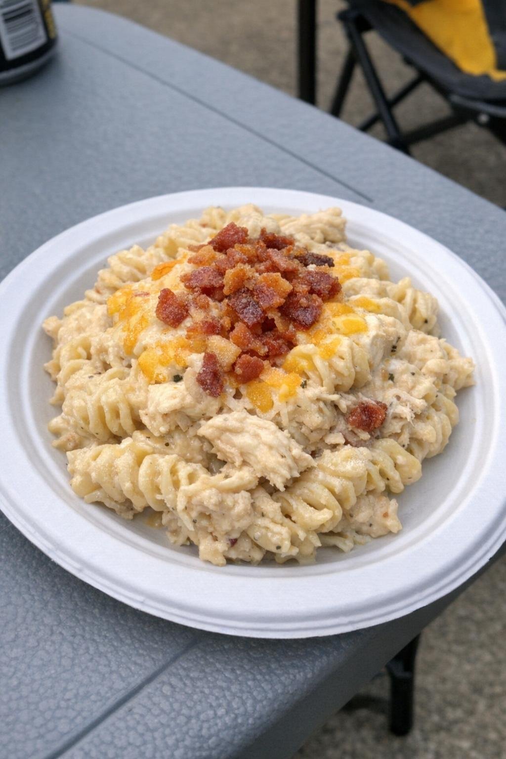 Single serving of chicken bacon ranch pasta on a white plate